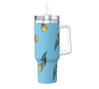 Poadnly Tulipanes amarillos dibujados a mano,Vaso Ice Bully de 40 oz con asa, tapa, pajita, de acero inoxidable, taza de café para coche.