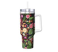 Poadnly Vegano Frutas y verduras vivas Imprimir,Vaso Ice Bully de 40 oz con asa, tapa, pajita, de acero inoxidable, taza de café para coche.