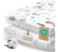 Pobibaby - Paquete de 2 sábanas bajeras Premium Pack N Play para paquete estándar y juegos y minicunas - Mezcla de algodón ultrasuave, elegante patrón de bosque, seguras y cómodas para el bebé