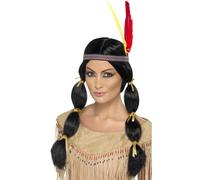 Pocahontas Indio Peluca Negra Indígena Disfraz + Diadema de Plumas Nuevo