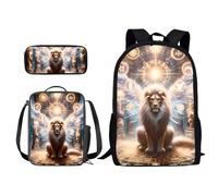 Poceacles 3 mochilas escolares para adolescentes, estudiantes de secundaria, bolsas escolares con lonchera y estuche para lápices, León luminoso, Taille unique