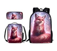 Poceacles 3 mochilas escolares para adolescentes, estudiantes de secundaria, bolsas escolares con lonchera y estuche para lápices, Zorro luminoso, Taille unique