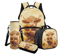 Poceacles 4 mochilas escolares para niños, con estampado de animales de dibujos animados, bolsa de almuerzo, estuche para lápices, funda para botella de agua, para niñas y niños, Bonito girasol de