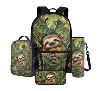 Poceacles 4 unids niños mochila y almuerzo bolsa set niños Niñas clase suministros almuerzo lápiz bolsa agua botella manga, Perezoso Tropical Monstera Hoja Flores Verde, One Size, Conjunto de bolso