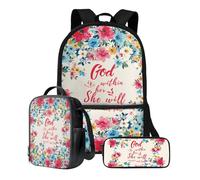 Poceacles Bonita mochila para niños y niñas, 3 piezas, ligera, mochila escolar con bolsa de almuerzo y estuche para lápices para primaria, God Within Her She Will Not Fall, Talla única