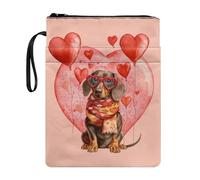 Poceacles Funda para libros con cremallera, de tela lavable, para libros de tapa dura, cuaderno de la Biblia, libros de texto para el día de San Valentín, perro salchicha con forma de corazón, globo