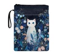 Poceacles Funda para libros de bolsillo, tela lavable, portátil, protector de libros de texto con cremallera para los amantes de los libros, lindo gato blanco, flor azul oscuro