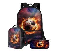 Poceacles Juego de 3 mochilas con bolsa de almuerzo para bolígrafos, bolsa impermeable de gran capacidad, para jardín de infantes, preescolar, primaria, Galaxy Soccer Fire, Talla única