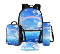 Poceacles Juego de 4 bolsas escolares para niñas, niños y adolescentes, con mochila, bolsa de almuerzo aislada, estuche para lápices, bolsa de transporte para botellas de agua, Dolphin Rainbow Love