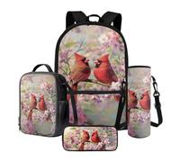 Poceacles Juego de 4 bolsas escolares para niñas, niños y adolescentes, con mochila, bolsa de almuerzo aislada, estuche para lápices, bolsa de transporte para botellas de agua, North Cardinal Red Bird