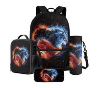 Poceacles Juego de 4 bolsas escolares para niños y adolescentes, mochila y bolsa de almuerzo con estuche para lápices, soporte para botellas, se adapta a laptop de 14 pulgadas, Galaxy Wolf Love Flame