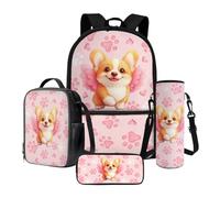 Poceacles Juego de 4 bolsas escolares para niños y adolescentes, mochila y bolsa de almuerzo con estuche para lápices, soporte para botellas, se adapta a laptop de 14 pulgadas, Corgi Dog With Wings