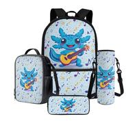 Poceacles Juego de 4 bolsas escolares para niños y adolescentes, mochila y bolsa de almuerzo con estuche para lápices, soporte para botellas, se adapta a laptop de 14 pulgadas, Blue Axolotl - Nota