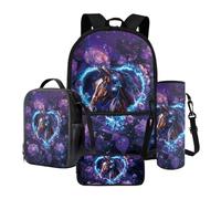 Poceacles Juego de 4 bolsas escolares para niños y adolescentes, mochila y bolsa de almuerzo con estuche para lápices, soporte para botellas, se adapta a laptop de 14 pulgadas, Horse Love Violet Rose
