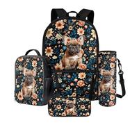 Poceacles Juego de 4 bolsas escolares para niños y adolescentes, mochila y bolsa de almuerzo con estuche para lápices, soporte para botellas, se adapta a laptop de 14 pulgadas, Flor de bulldog francés