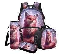 Poceacles Juego de 4 mochilas de dibujos animados, incluye bolsa de almuerzo, estuche para lápices, portabotellas de agua, artículos esenciales escolares para niños y niñas, Cute Fox Love Rose, Talla