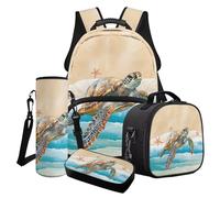 Poceacles Juego de 4 mochilas escolares elegantes portátiles aisladas para el almuerzo, estuche para la escuela, viajes, picnic, Playa de tortuga marina y estrella de mar, Talla única, Juego de