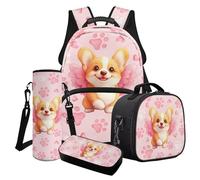 Poceacles Juego de 4 mochilas escolares para niñas con bonita mochila aislada, bolsa de almuerzo, estuche para lápices, soporte para botella de agua para niños y adolescentes, Corgi Dog Paw Love Print