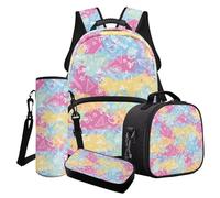 Poceacles Juego de 4 mochilas escolares para niñas con bonita mochila aislada, bolsa de almuerzo, estuche para lápices, soporte para botella de agua para niños y adolescentes, Estampado de papelería