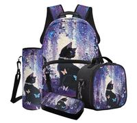 Poceacles Juego de 4 mochilas escolares para niñas, elegantes bolsas escolares aisladas, bolsa de almuerzo, estuche para lápices, mochila de moda, Gato negro, flor violeta, mariposa, Talla única