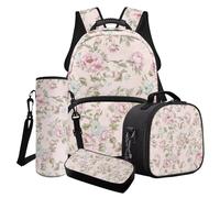 Poceacles Juego de 4 mochilas escolares para niñas, elegantes bolsas escolares aisladas, bolsa de almuerzo, estuche para lápices, mochila de moda, Flor rosa claro, Talla única, Juego de mochila