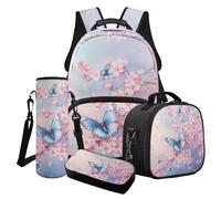Poceacles Juego de 4 mochilas escolares para niños y niñas, bolsas escolares de moda, bolsa de almuerzo, estuche para lápices, mochila de moda para niños y adolescentes, Mariposa y flor rosa, Talla