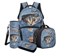 Poceacles Juego de 4 mochilas escolares para niños y niñas, bolsas escolares de moda, bolsa de almuerzo, estuche para lápices, mochila de moda para niños y adolescentes, Jeans rasgados con estampado