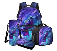 Poceacles Juego de 4 mochilas escolares para niños y niñas, bolsas escolares de moda, bolsa de almuerzo, estuche para lápices, mochila de moda para niños y adolescentes, Cuervo, mariposa, luna