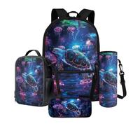 Poceacles Juego de 4 mochilas escolares y bolsa para el almuerzo, con bolsa para el almuerzo, estuche, mangas para botellas, para niños y niñas, Medusa Tortuga Marina, Talla única, Juego de mochilas