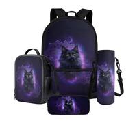 Poceacles Juego de 4 mochilas escolares y loncheras que contiene mochila, lonchera, estuche para lápices, fundas para botellas para niños y niñas, Boho Flower Black Cat Violet Moon, Talla única, Juego