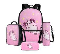 Poceacles Juego de 4 mochilas infantiles con gran capacidad térmica, fiambrera, estuche para lápices, funda para botella, Cartoon Axolotl Star Pink, Talla única, Juego de mochila escolar