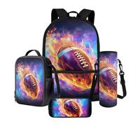 Poceacles Juego de 4 mochilas infantiles con gran capacidad térmica, fiambrera, estuche para lápices, funda para botella, Balón de rugby con llama, Talla única, Juego de mochila escolar