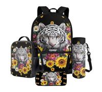 Poceacles Juego de 4 mochilas infantiles con gran capacidad térmica, para el almuerzo, estuche para lápices, funda para botella, White Tiger Daisy Sunflower Lotus Black, Talla única, Juego de mochila