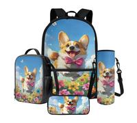 Poceacles Juego de 4 mochilas para niños con bolsa escolar, bolsa de almuerzo aislada, funda de botella, estuche para lápices, suministros escolares para niñas y niños, Lindo lazo de perro Corgi,