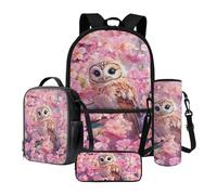 Poceacles Juego de 4 mochilas para niños con bolsa escolar, bolsa de almuerzo aislada, funda de botella, estuche para lápices, suministros escolares para niñas y niños, Owl Spring Peach Blossom Pink,