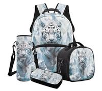 Poceacles Juego de 4 mochilas y lonchera para niños con bolsa escolar de moda, bolsa de almuerzo, estuche para lápices, soporte para botella de agua, White Tiger Snow Mountain, Talla única, Juego de
