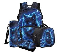 Poceacles Juego de 4 mochilas y lonchera para niños con bolsa escolar de moda, bolsa de almuerzo, estuche para lápices, soporte para botella de agua, Wolf Lightning Blue Black, Talla única, Juego de