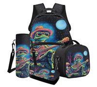 Poceacles Juego de 4 mochilas y lonchera para niños con bolsa escolar de moda, bolsa de almuerzo, estuche para lápices, soporte para botella de agua, Frog Guitar Moon Mushroom, Talla única, Juego de