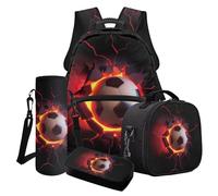 Poceacles Juego de mochila deportiva para niños y adolescentes, 4 piezas, mochila escolar, estilo atlético, bolsa de almuerzo, estuche para lápices, bolsa para botella, Piedra agrietada de fútbol