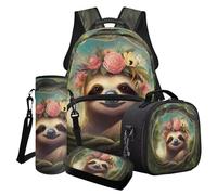 Poceacles Juego de mochila escolar 4 en 1 para niñas y niños, con bonita mochila, bolsa de almuerzo, estuche para lápices, soporte para botella de agua, Rama floral de perezoso rosa, Talla única