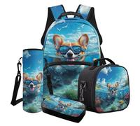 Poceacles Juego de mochila escolar 4 en 1 para niñas y niños, con bonita mochila, bolsa de almuerzo, estuche para lápices, soporte para botella de agua, Corgi - Gafas de sol para perro, gaviota, coral