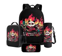 Poceacles Juego de mochila escolar, 4 piezas con estuche para lápices, mochila de gran capacidad, bolsa de almuerzo, bolsa portador de botellas, suministros escolares, Panda Rock Band Flame, Talla