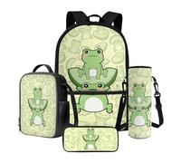 Poceacles Juego de mochila escolar de 4 piezas con estuche, bolsa de almuerzo, soporte para botella de agua, ligera, cómoda bolsa de libros para niños, Rana verde aguacate, Talla única, Juego de