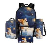 Poceacles Juego de mochila escolar de 4 piezas con estuche, bolsa de almuerzo, soporte para botella de agua, ligera, cómoda bolsa de libros para niños, Corgi Dog Puppy Star Cloud, Talla única, Juego