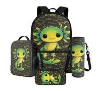 Poceacles Juego de mochila escolar de 4 piezas con mochila, bolsa de almuerzo, estuche para lápices, bolsa para botella de primaria, bonita impresión de fórmula axolotl, verde, talla única, juego de
