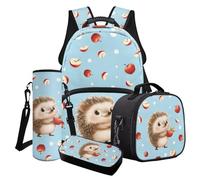 Poceacles Juego de mochila escolar para niños, juego de 4 piezas con bolsa de libros, bolsa de almuerzo aislada, estuche para botella de agua, para niñas y niños, Hedgehog Apple Print Azul, Talla