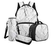 Poceacles Juego de mochila escolar para niños, juego de 4 piezas con bolsa de libros, bolsa de almuerzo aislada, estuche para botella de agua, para niñas y niños, Mármol blanco y negro agrietado