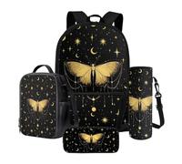 Poceacles Juego de mochila escolar para niños, juego de 4 piezas con estuche para lápices, mochila de gran capacidad, bolsa de almuerzo, soporte para botella de agua para niños, Mariposa, luna y
