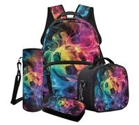 Poceacles Juego de mochila escolar para niños y adolescentes, juego de bolsa 4 en 1 con bolsa de almuerzo aislada, estuche para lápices, bolsa para botella de agua, Fútbol de niebla colorida, Talla