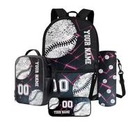 Poceacles Juego de mochila escolar personalizada con nombre y número, juego de 4 bolsas para libros con estuche para lápices, bolsa de almuerzo y funda para botella, Balón de baloncesto azul en forma